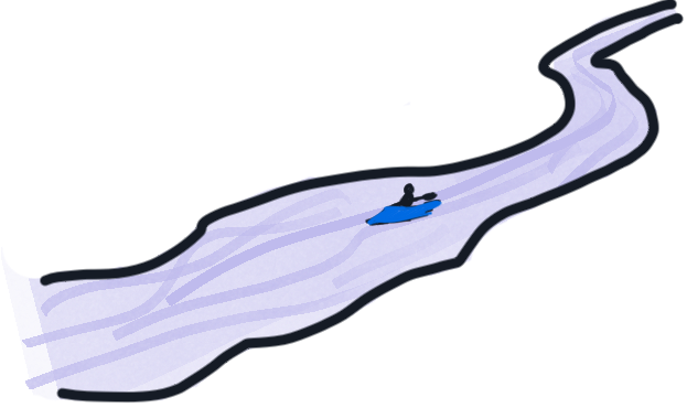 Drawing of a winding river with a small figure kayaking downstream.