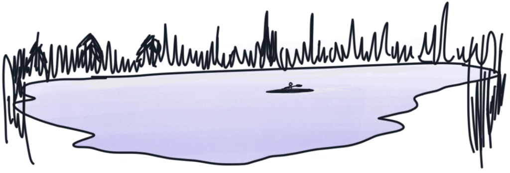 Simple drawing of a serene lake scene with a person kayaking alone, surrounded by grassy shoreline.