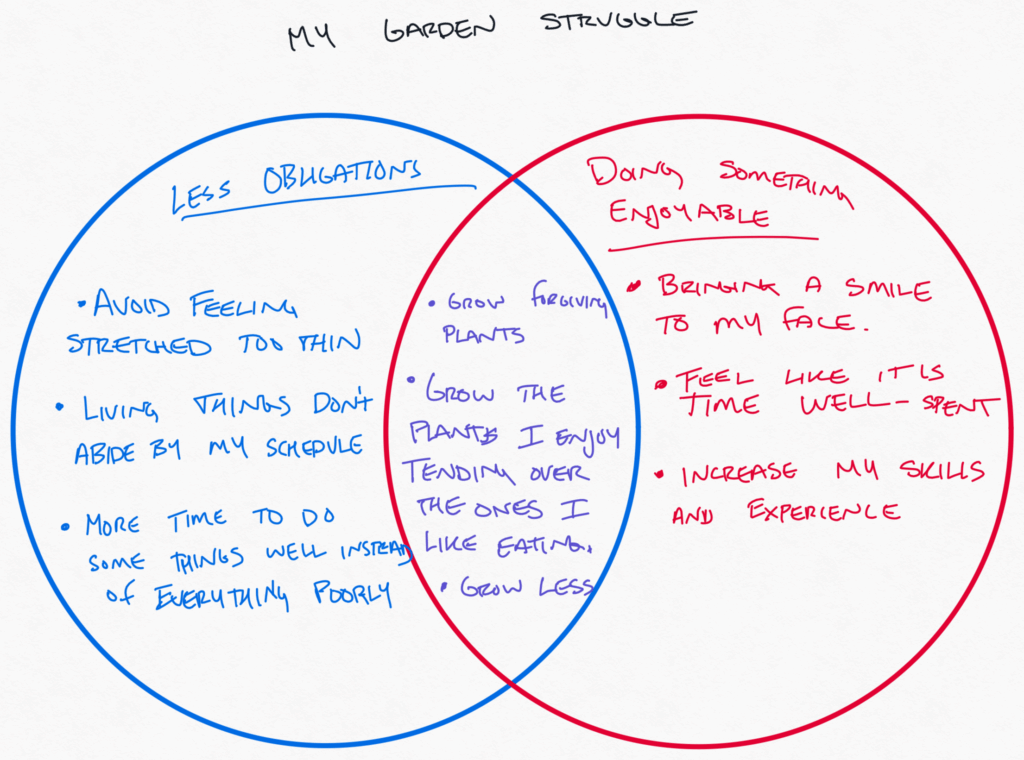 A Venn diagram titled “My Garden Struggle” shows the balance between reducing obligations and enjoying gardening. One side focuses on avoiding stress and doing less, while the other highlights finding joy and learning. The overlap suggests growing fewer, more forgiving plants that are enjoyable to care for.