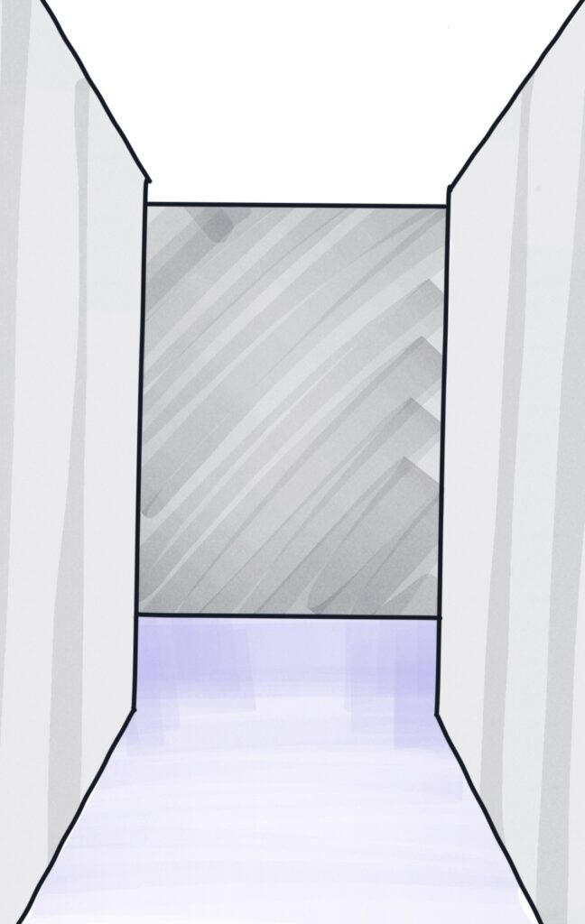 A perspective drawing of a narrow hallway of a maze ending in a left-right decision, viewed at eye-level.