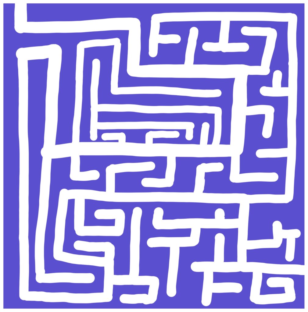 A complicated maze as found in a puzzle book. While the paths aren't straightforward, you can see the beginning and the end point at all times. 